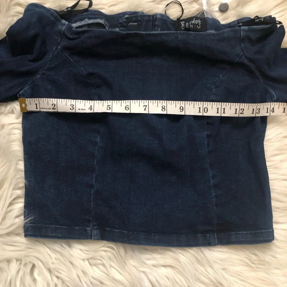 Bardot Lucinda Bell Sleeve Off Shoulder Denim Indigo Blue Cropped Top size 8 NWT
